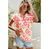 Boho Floral Print Ricrac Ruffle Sleeve Blouse