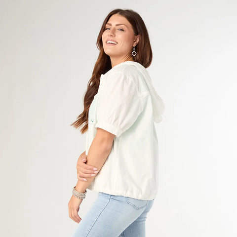 Angela Button Front Hooded Top in White