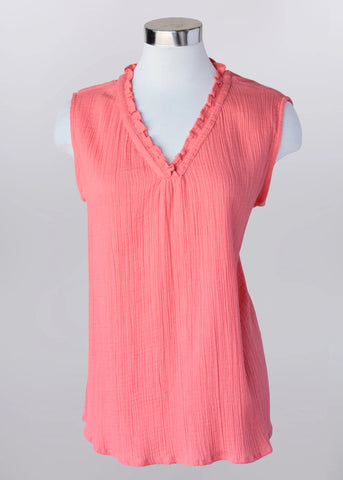 Sleeveless Crinkle Top with Ruffle Neck