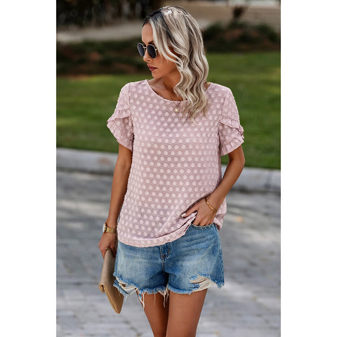 Swiss Dot Round Neck Ruffle Loose Solid Top in Pink