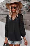 Solid V Neck Lantern Sleeve Swiss Dot Shirt in Black