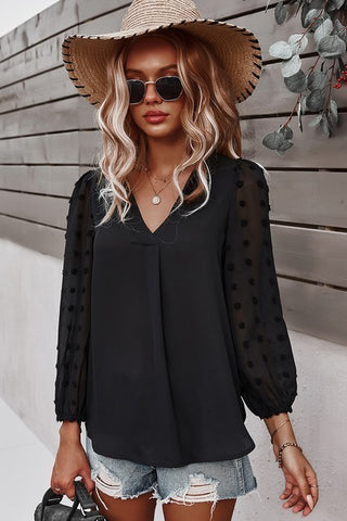 Solid V Neck Lantern Sleeve Swiss Dot Shirt in Black