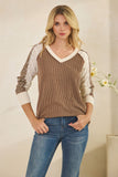 Mixed Print Contrast Sleeve V Neck Top