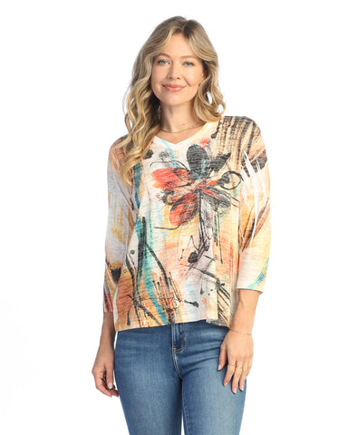 BURNOUT ROUNDED V-NECK TOP W/ SIDE SLITS