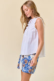 Cotton Poplin Split V-neck Ruffled Sleeveless Top