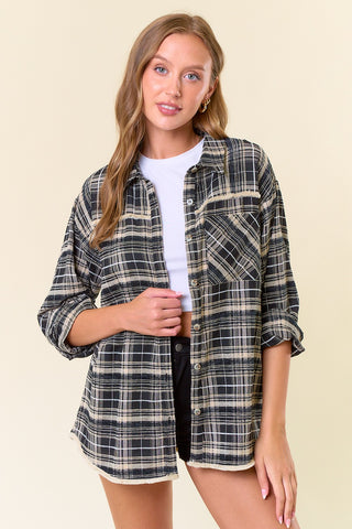 Collared Neck Plaid Flannel Shirt with Fringe Edge