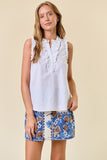 Cotton Poplin Split V-neck Ruffled Sleeveless Top