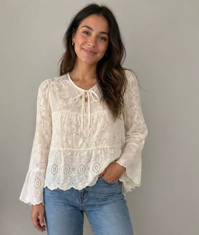Eyelet Shirt with Tie Neck in Cream