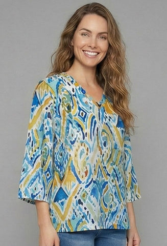 Multi Print 3/4 Sleeve Top w Button Detail