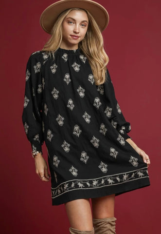 Embroidered Long Sleeve Mini Dress in Black