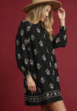Embroidered Long Sleeve Mini Dress in Black