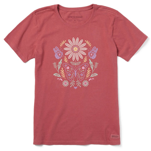 Women's Mirror Tonal Daisy & Butterflies Short Sleeve Crusher Tee