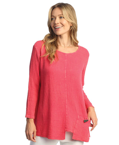 Mineral Washed Double Gauze Tunic Top With Pocket in Raspberry