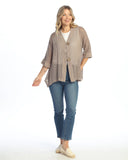 MINERAL WASHED FLOUNCE HEM MESH CARDIGAN W/ 2-BUTTON CLOSURE