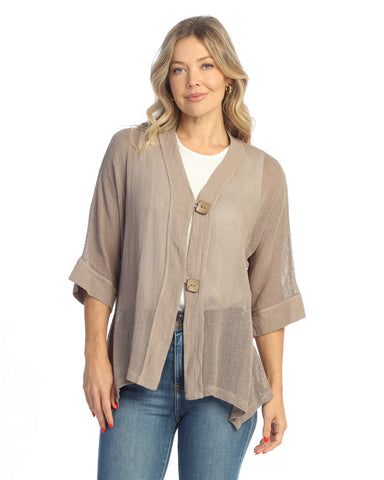 MINERAL WASHED FLOUNCE HEM MESH CARDIGAN W/ 2-BUTTON CLOSURE