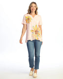 GARMENT DYED 100% COTTON NOTCH NECK CONTRAST HEM TOP in Peach