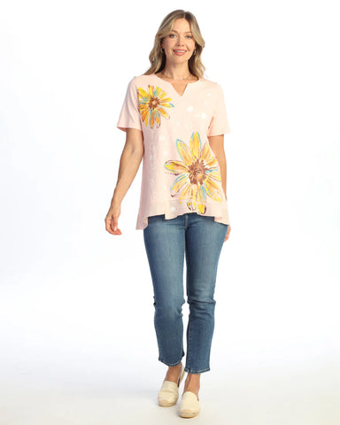 GARMENT DYED 100% COTTON NOTCH NECK CONTRAST HEM TOP in Peach
