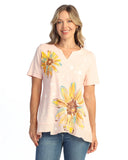 GARMENT DYED 100% COTTON NOTCH NECK CONTRAST HEM TOP in Peach