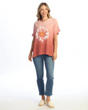 GARMENT DYED SHORT-SLEEVE GAUZE TOP W/ SOFT FRINGE ACCENTS