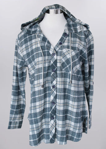 Flannel Shirt with Hood in Blue Plaid