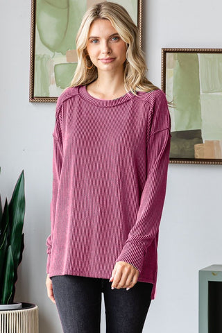 Solid Ribbed Long Sleeve Top Maroon