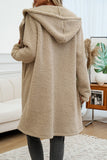 Fuzzy Fleece Hooded Button Lapel Knee Long Coat in Khaki