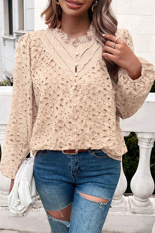 Button Trim Hollow Out Blouse in Beige
