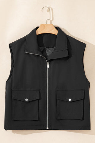 Flap Pockets Zip Up High Neck Vest