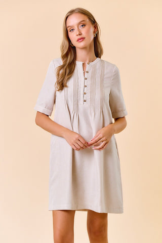 Half Button Down Pintuck Detailed Mini Dress