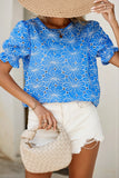 Boho Floral Eyelet Puff Sleeve Blouse in Blue