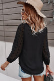 Solid V Neck Lantern Sleeve Swiss Dot Shirt in Black