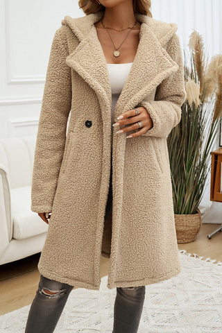 Fuzzy Fleece Hooded Button Lapel Knee Long Coat in Khaki