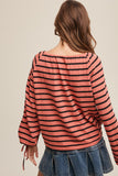 Striped Sqaure Neck T-shirt with Drawstring- Coral