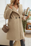 Fuzzy Fleece Hooded Button Lapel Knee Long Coat in Khaki