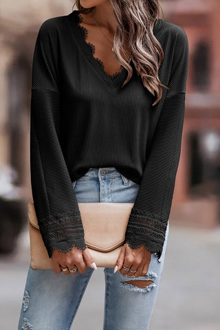 Lace Trim V Neck Long Sleeve Top in Black