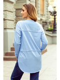 Notched Neck Terry Raw Hem Long Sleeve Top in Light Blue