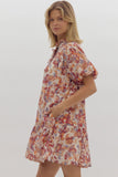Floral Print Ruffle Neck Button Down Mini Dress