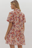 Floral Print Ruffle Neck Button Down Mini Dress