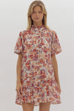 Floral Print Ruffle Neck Button Down Mini Dress