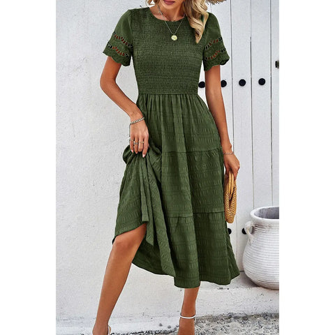 Lace Round Neck Ruched Fit Ruffle Solid Dress