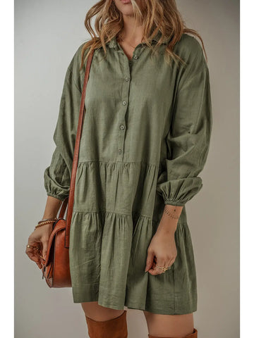 Puff Sleeve Buttoned Tiered Pleated Mini Shirt Dress