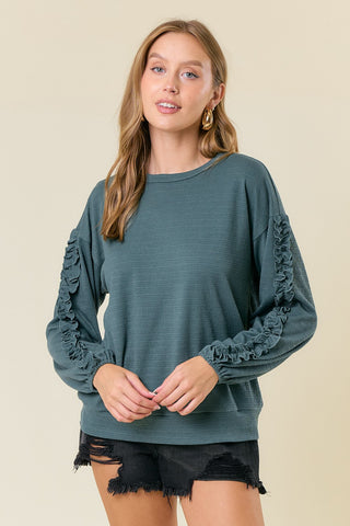 Textured Knit Round Neck Ruffled Long Sleeve Top