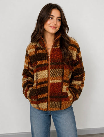 Fleece Jacket in Orange and Brown Plaid