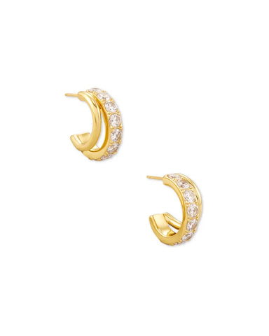 Livy Gold Huggie Earrings in White Crystal