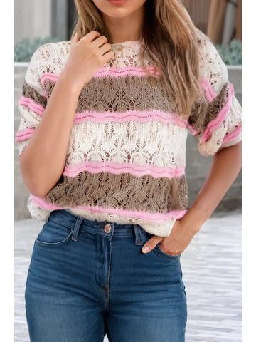 Stripe Colorblock Hollow Out Crochet Half Sleeve Sweater