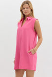 Textured Solid Collared V-Neck Sleeveless Mini Dress