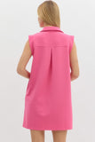 Textured Solid Collared V-Neck Sleeveless Mini Dress