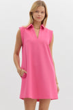 Textured Solid Collared V-Neck Sleeveless Mini Dress