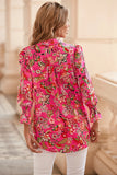 Strawberry Pink Floral Print Smocked Cuff Puff Sleeve Shirt