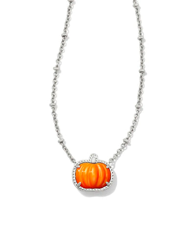 Pumpkin Silver Short Pendant Necklace- Orange Mother of Pearl